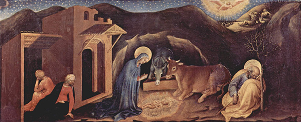 painting of Mary worshipping Jesus in a cave