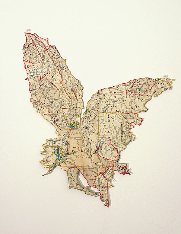 Matthew Cusick, Bird of Prey, maps and archival tape, 2002
